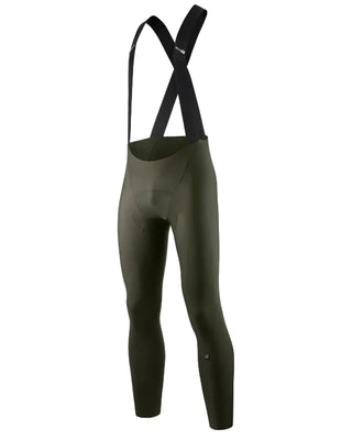 Calzamaglia ciclismo uomo Assos Mille GT Spring Fall bib tights S11 verde con vista tre quarti laterale.