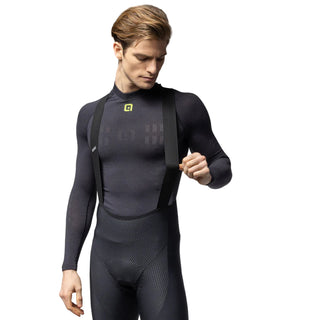 Vista frontale calzamaglia ciclismo Alé Voltage R-EV1 titanio – bretelle X-Air Bib leggere e stabili, tessuto tecnico traspirante per l'inverno.