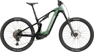 Vista laterale della e-MTB Cannondale Moterra Neo 2, mountain bike elettrica full suspension con motore Bosch Performance Line CX.