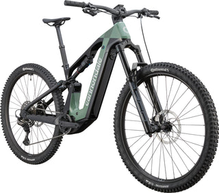 Vista tre quarti della Cannondale Moterra Neo 2, e-MTB full suspension in carbonio con batteria integrata Bosch PowerTube e geometria progressiva.