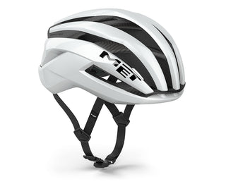 Casco MET Trenta 3K Carbon bianco vista tre quarti, casco da strada ad alte prestazioni con aerodinamicità ottimizzata