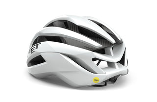 Casco MET Trenta 3K Carbon bianco vista tre quarti posteriore, casco road ultraleggero con tecnologia MIPS per sicurezza avanzata
