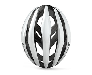 Casco ciclismo MET Trenta 3K Carbon bianco vista superiore, casco aerodinamico da strada con struttura in carbonio per prestazioni professionali
