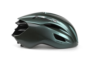 Casco MET Manta MIPS verde vista laterale, casco da strada ad alta aerodinamicità per ciclisti professionisti.