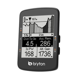 Ciclocomputer Bryton Rider 460 GPS, vista frontale con grafico altimetrico e dati di potenza e salita, ideale per allenamenti avanzati.