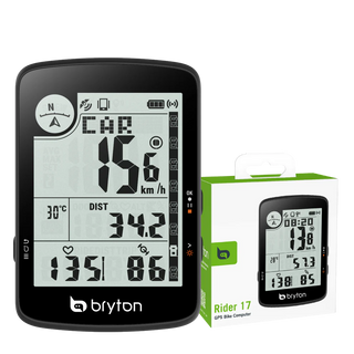 Ciclocomputer Bryton Rider 17 GPS con confezione, display ad alto contrasto per velocità, distanza, temperatura e frequenza cardiaca, ideale per ciclisti su strada e MTB.