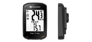 Ciclocomputer Bryton Rider 15 Neo, vista frontale e laterale del dispositivo GPS con display digitale e funzioni di velocità, distanza e direzione per ciclismo.
