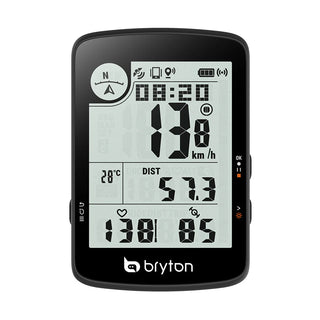 Ciclocomputer Bryton Rider 17 GPS, vista frontale del display con dati di velocità, distanza, temperatura e battiti, strumento preciso per allenamenti ciclistici.