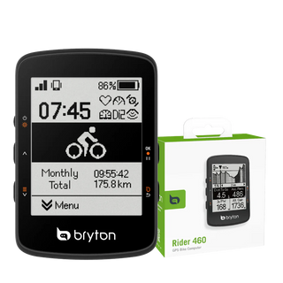 Ciclocomputer Bryton Rider 460E GPS con confezione, display monocromatico e funzioni avanzate di monitoraggio tempo, distanza e frequenza cardiaca per ciclisti.