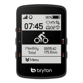 Bryton Rider 460E GPS Bike Computer, vista frontale del display con dati di allenamento mensile e totale, ideale per ciclismo su strada e MTB.