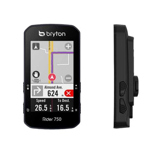 Ciclocomputer Bryton Rider 750T GPS, vista frontale e laterale con schermo a colori e navigazione integrata, dispositivo per ciclismo con mappe e funzioni di allenamento avanzate.