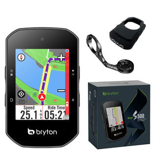 Ciclocomputer Bryton Rider S500E GPS con confezione, supporto frontale e custodia, display a colori con mappe dettagliate e funzioni di navigazione avanzata per ciclismo.