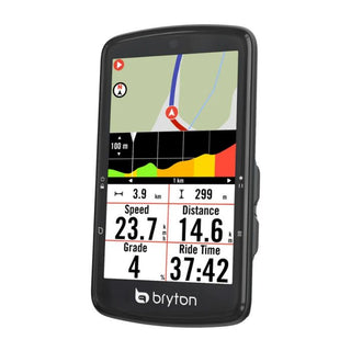 Bryton Rider S810E GPS, vista laterale sinistra del dispositivo, ciclocomputer compatto con comandi fisici e display ad alta visibilità.