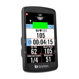 Bryton Rider S810E GPS, vista angolata con display attivo, ciclocomputer con funzioni di allenamento avanzate e tracciamento percorso.
