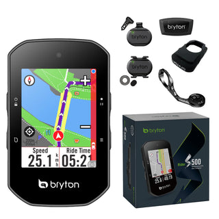 Ciclocomputer Bryton Rider S500T GPS completo di sensori, supporto manubrio e confezione, con funzioni di navigazione, potenza e monitoraggio performance.