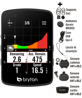 Ciclocomputer Bryton Rider con sensori ANT+ BLE, supporto bici, adattatore Garmin, cavo USB-C e fascia cardio, completo per allenamento e navigazione ciclistica professionale