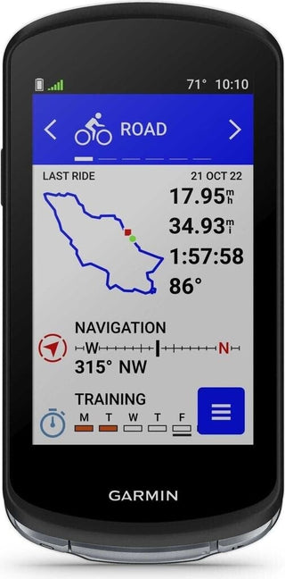 Ciclocomputer Garmin Edge 1040, vista frontale con schermo a colori, GPS avanzato per ciclisti con mappe topografiche e funzioni training.