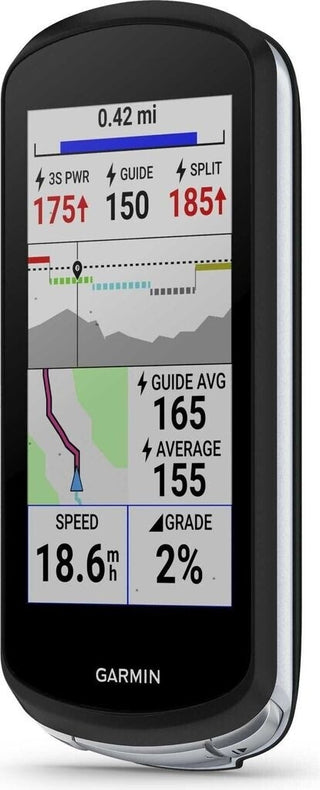 Garmin Edge 1040, vista sinistra del dispositivo, ciclocomputer GPS con design aerodinamico e analisi avanzata delle prestazioni ciclistiche.