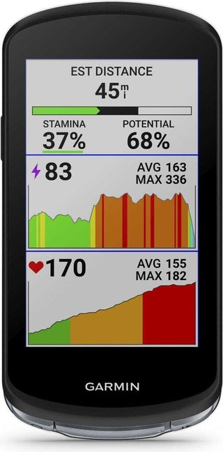 Garmin Edge 1040, display con dati di allenamento e navigazione, ciclocomputer GPS per ciclismo con funzioni di stamina e analisi potenza.