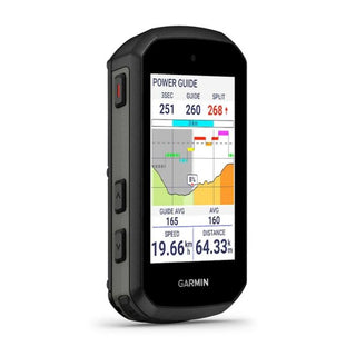 Garmin Edge 550, vista laterale destra con comandi, ciclocomputer GPS compatto per bici da corsa e MTB con funzioni di navigazione e training.