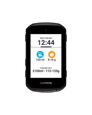 Garmin Edge 850 frontale con schermata di alimentazione e idratazione, ideale per ciclisti professionisti in gara o in allenamento.