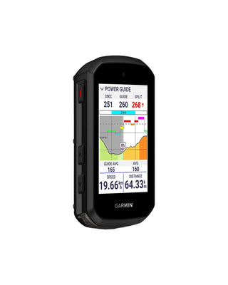 Ciclocomputer Garmin Edge 850 vista tre quarti con schermata Power Guide attiva per l'analisi della potenza durante l’allenamento ciclistico.