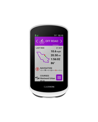 Ciclocomputer Garmin Edge Explore 2 vista frontale modalità offroad – GPS per bici da strada e MTB con mappe e navigazione avanzata, colore nero e bianco