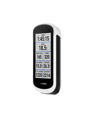 Ciclocomputer Garmin Edge Explore 2 vista laterale – visualizzazione dati di corsa: velocità, potenza, distanza e battito cardiaco, nero/bianco