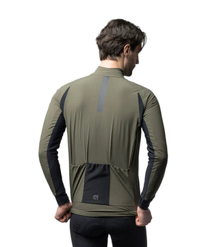Giacca ciclismo uomo Alè R-EV1 Riparo verde militare – retro con inserti traspiranti e bande riflettenti, protezione totale per uscite invernali