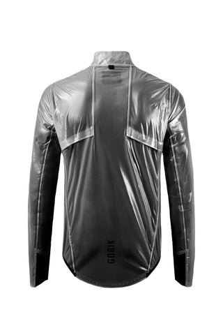 Giacca antipioggia Gobik Pluvia 2.0 unisex nera, vista frontale, tessuto impermeabile ultraleggero per ciclismo su strada.