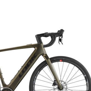Dettaglio frontale manubrio e forcella ebike Look E-765 Gravel Apex Hope, cockpit aerodinamico e integrato per prestazioni professionali.