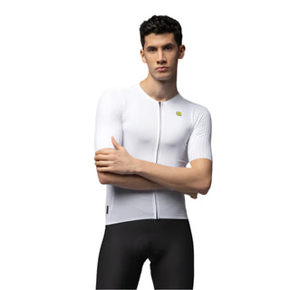 Maglia ciclismo uomo Alé PR-E bianca vista frontale con zip intera, design aerodinamico e tessuto tecnico traspirante.