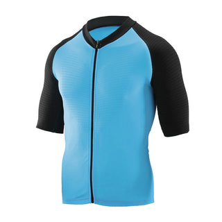 Maglia ciclismo aerodinamica manica corta con corpo azzurro e maniche nere – jersey tecnica per ciclismo su strada, traspirante e con zip integrale frontale, ideale per alte prestazioni.