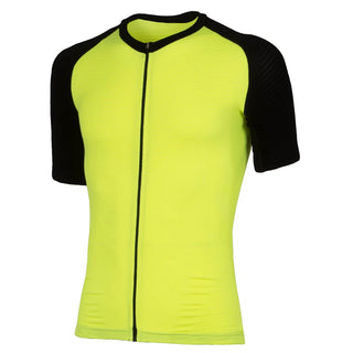 Maglia ciclismo X-Tech giallo fluo e nero vista frontale, zip intera e maniche aerodinamiche – maglia tecnica da bici ideale per alte temperature
