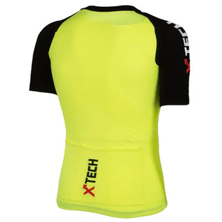Maglia ciclismo X-Tech giallo fluo e nero vista posteriore, con tasche posteriori e logo X-Tech verticale – abbigliamento tecnico per ciclismo ad alte prestazioni.