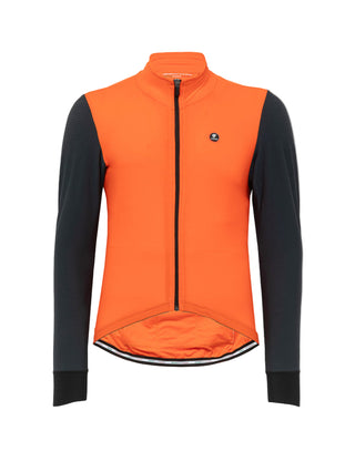 Maglia ciclismo Pissei Monviso arancione e nera a maniche lunghe, fronte con zip integrale e taglio ergonomico per protezione termica invernale.