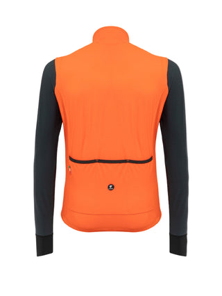 Retro maglia termica Pissei Monviso arancione e nera con tre tasche posteriori e dettagli riflettenti per visibilità durante le uscite in bici.