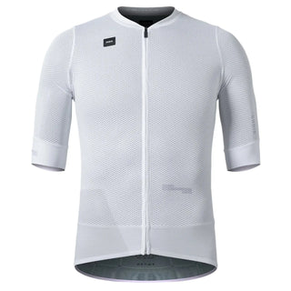 Maglia da ciclismo Gobik Carrera 2.0 unisex, colore bianco, zip integrale e maniche a compressione, ideale per ciclismo su strada ad alte temperature.