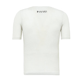 Retro maglia intima Pissei Argentum bianca da ciclismo, design leggero e termoregolante con logo posteriore Pissei per comfort e prestazioni elevate.
