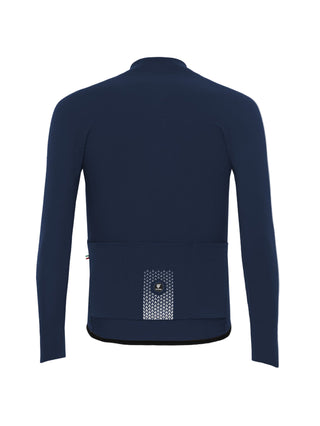 Retro maglia ciclismo Pissei PrimaPelle blu navy con tre tasche posteriori e dettagli riflettenti per maggiore sicurezza durante la pedalata.