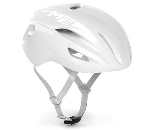 Casco bici da corsa MET Manta MIPS absolute white limited edition, vista laterale con dettaglio del cinturino regolabile. Casco aerodinamico leggero con tecnologia MIPS per ciclismo su strada ad alte prestazioni.