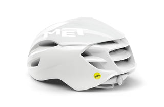 Casco ciclismo MET Manta MIPS absolute white limited edition, vista posteriore, casco bici da corsa aerodinamico professionale leggero e ventilato.