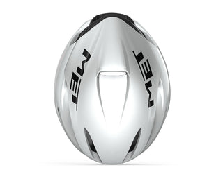 Casco bici da corsa MET Manta MIPS bianco olografico lucido, vista dall’alto, casco aerodinamico da ciclismo leggero e sicuro con tecnologia MIPS.