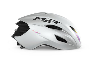Casco bici da corsa MET Manta MIPS bianco olografico lucido, vista laterale, casco aerodinamico leggero con tecnologia MIPS per ciclismo su strada.