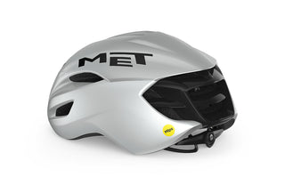 Casco ciclismo MET Manta MIPS bianco olografico lucido, vista posteriore, casco bici da corsa aerodinamico professionale leggero e ventilato.