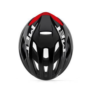 Casco ciclismo MET Rivale MIPS nero rosso lucido, vista dall’alto con ampie prese d’aria, casco bici da corsa aerodinamico leggero e ventilato.
