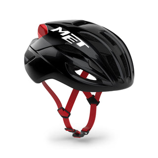 Casco ciclismo MET Rivale MIPS nero rosso lucido, vista laterale con cinturino regolabile, casco bici da corsa professionale aerodinamico e ventilato.