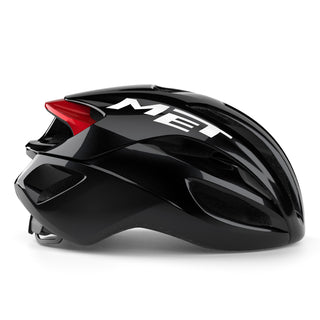 Casco bici da corsa MET Rivale MIPS nero rosso lucido, profilo laterale aerodinamico, casco ciclismo leggero con massima ventilazione.