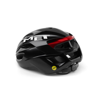 Casco MET Rivale MIPS nero rosso lucido, vista posteriore con sistema di regolazione, casco ciclismo strada sicuro e confortevole.