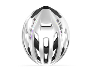 Casco bici MET Rivale MIPS bianco olografico visto dall’alto, struttura leggera con ampie aperture per ventilazione massima.
